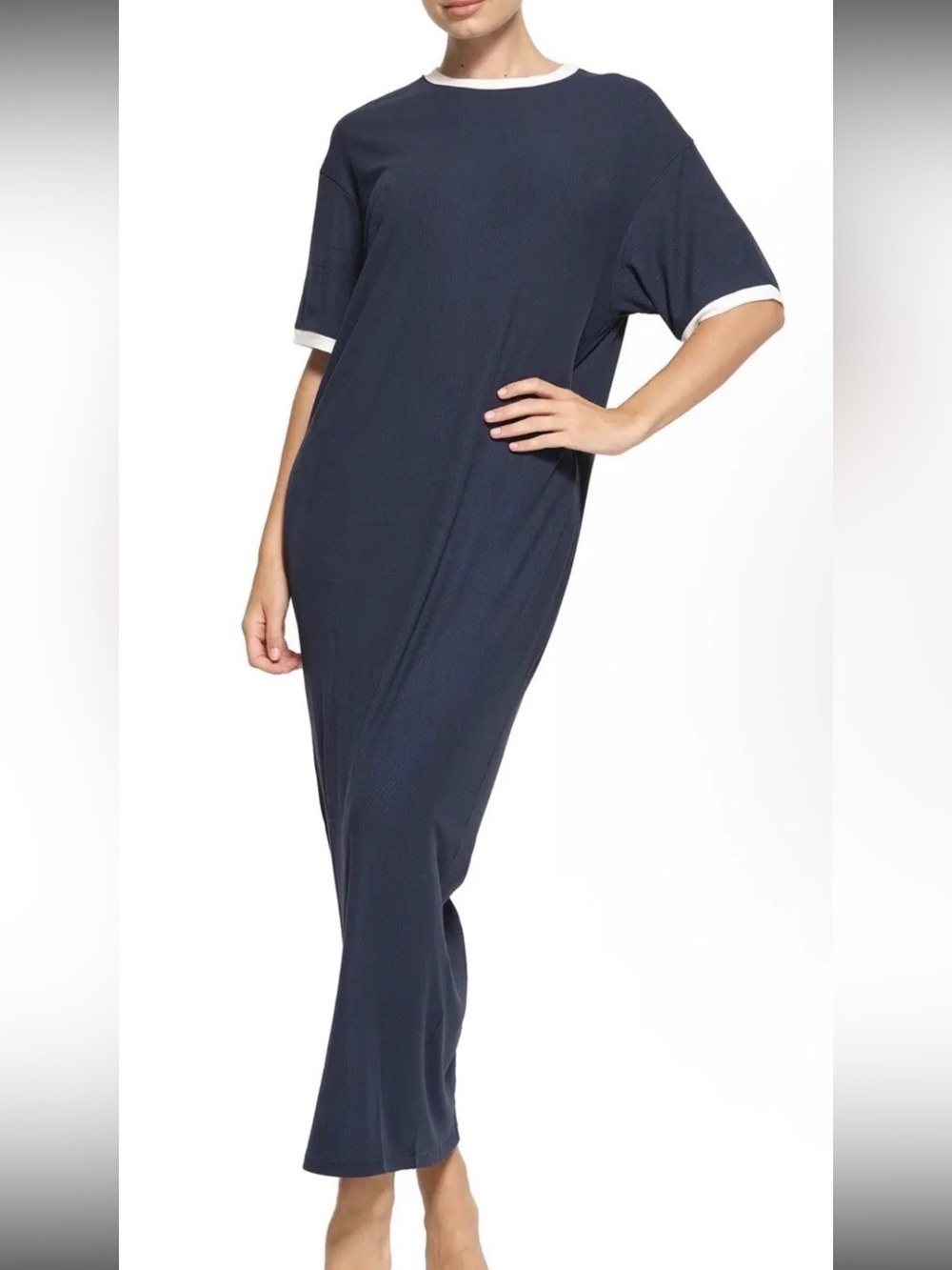 Skims Soft Lounge Ringer T-Shirt Long Dress size XS Oversized Navy ribbed